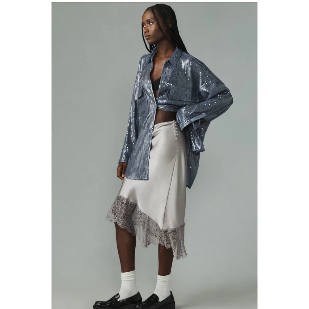 Anthropologie Pilcro Sequin Oversized Shirt Blue Button Down Top M NWT - Picture 3 of 3